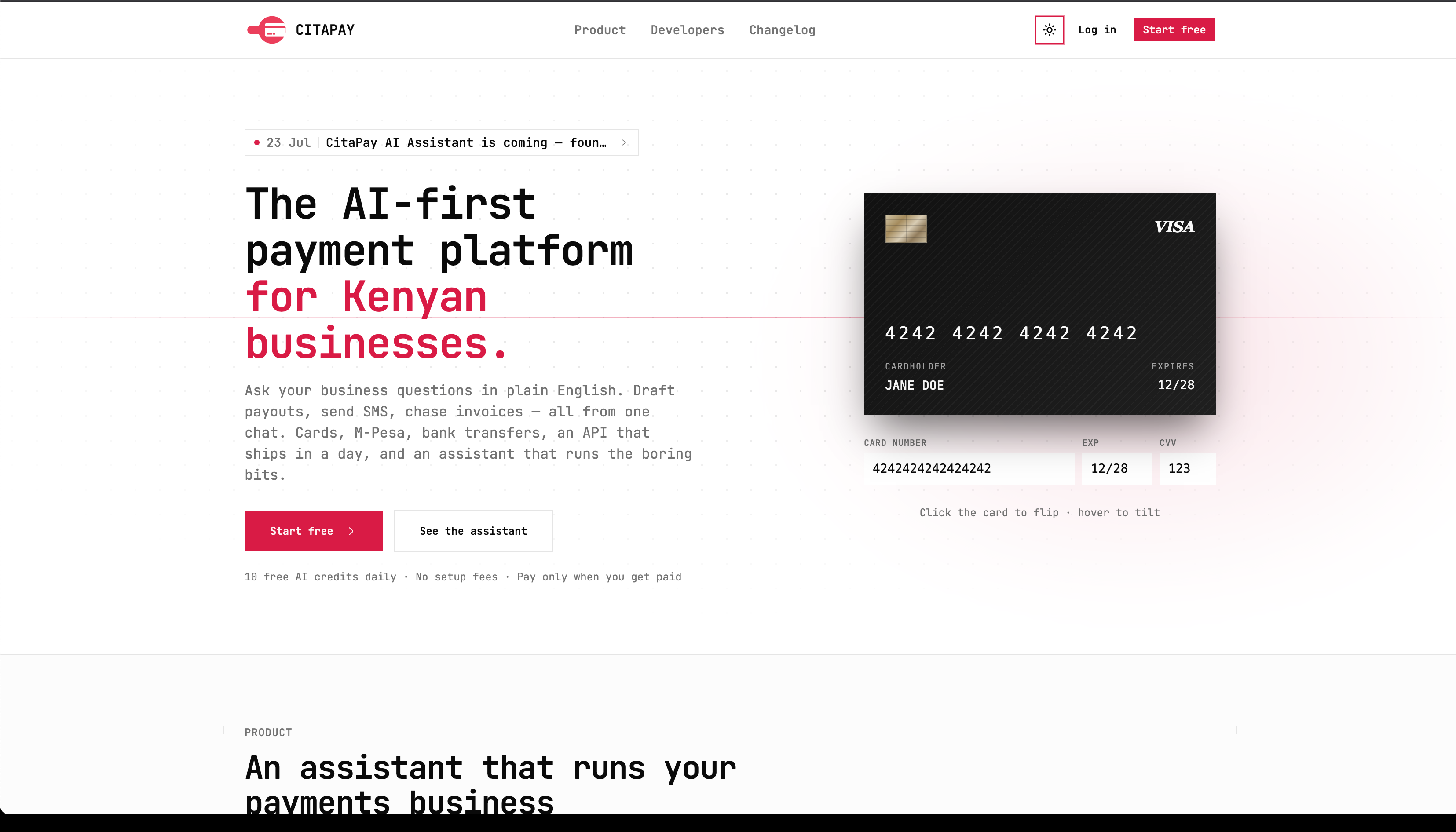 The CitaPay site, showing its payment platform headline, a card entry form and a sample payment card.